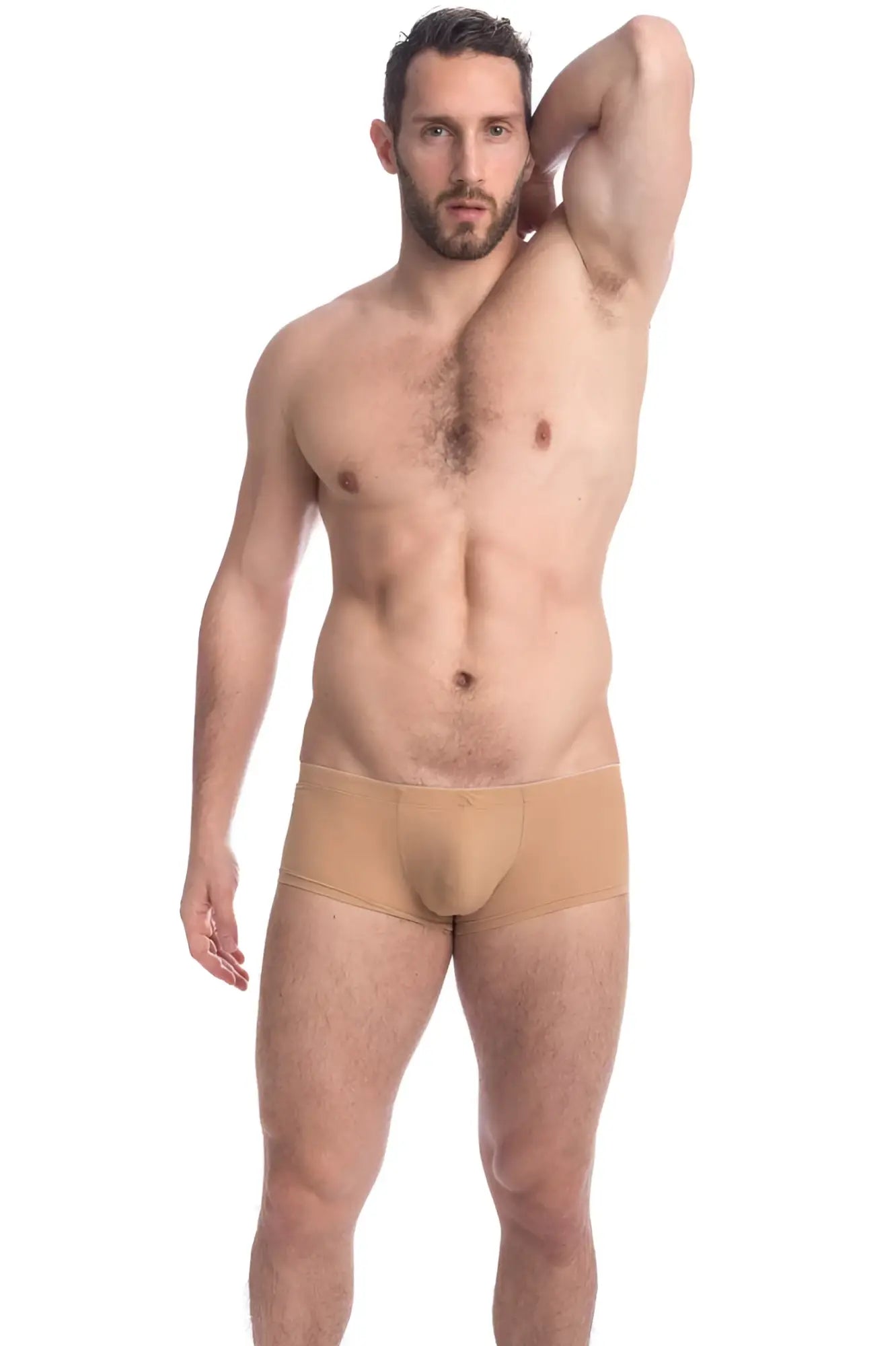 Beige men’s briefs with smooth form-fitting design from l’homme invisible tanskin mini square cut trunk swimwear size m
