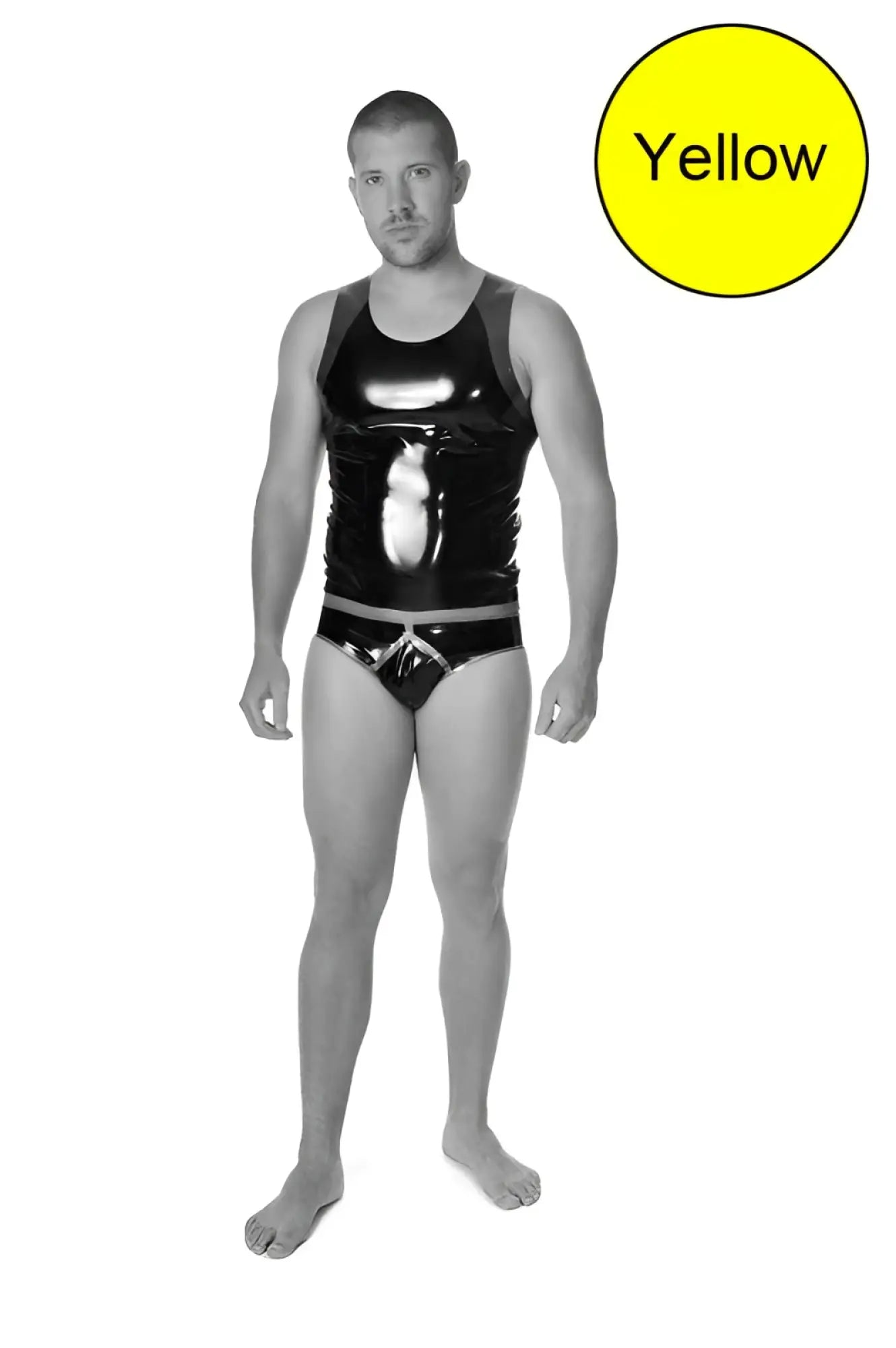 Black glossy latex tank top and briefs set by libidex in yellow y front style size xl shown from the front