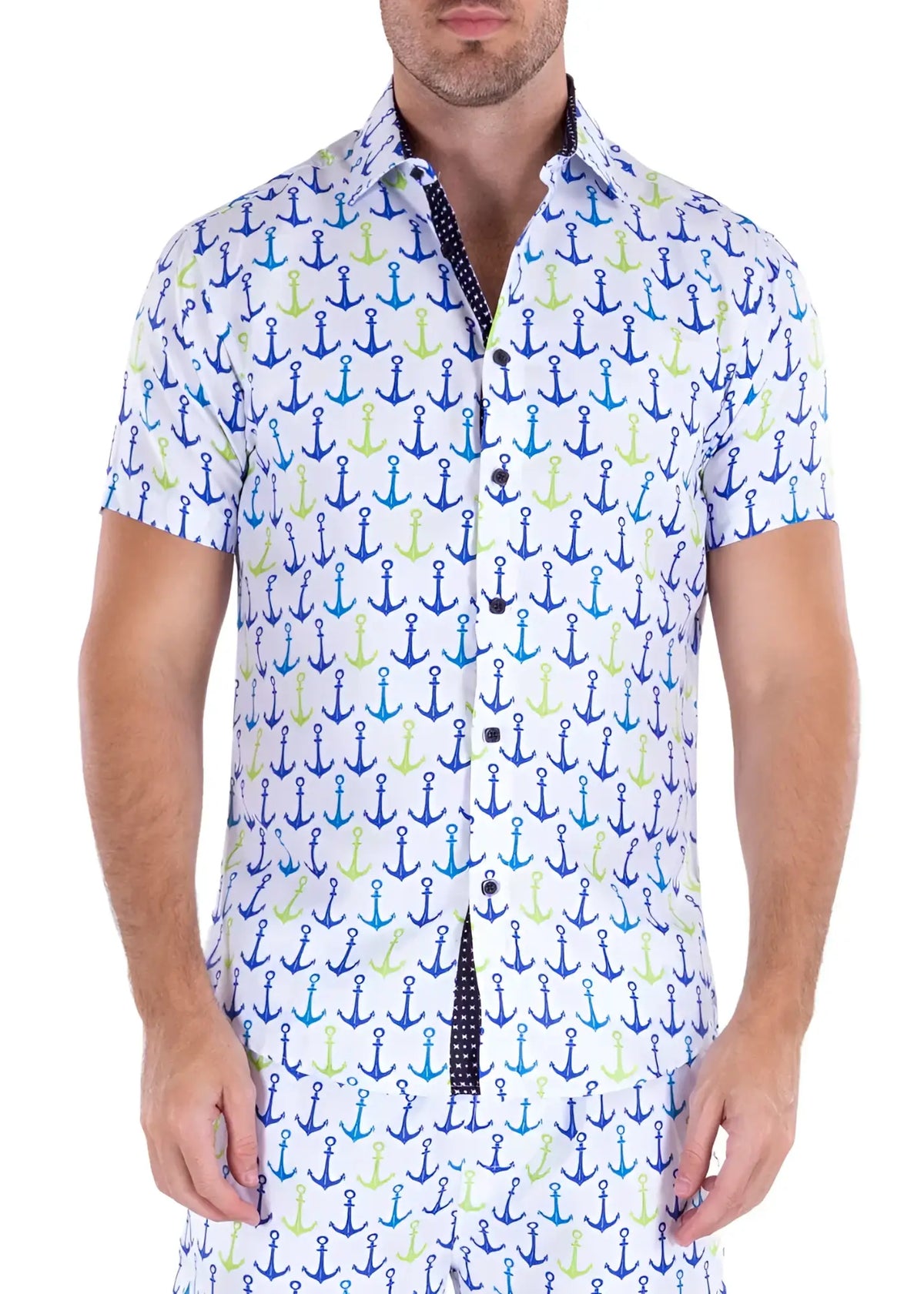 A men’s short-sleeved button-up shirt with blue and lime green anchors on white titled Life’s Better on a Boat S S Shirt
