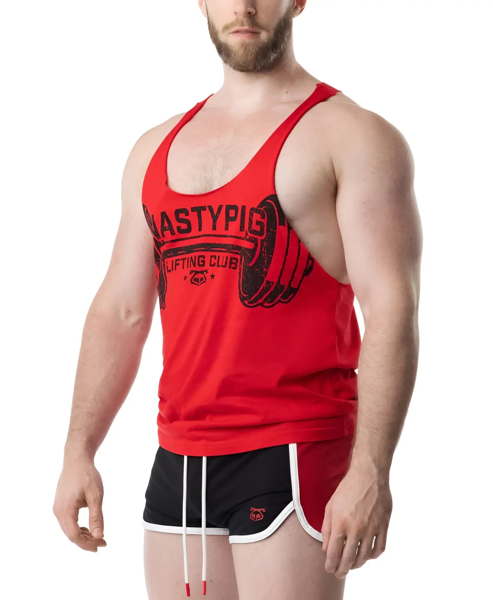 Red mastypig lifting club tank top featuring black graphic design ideal for gym and casual wear