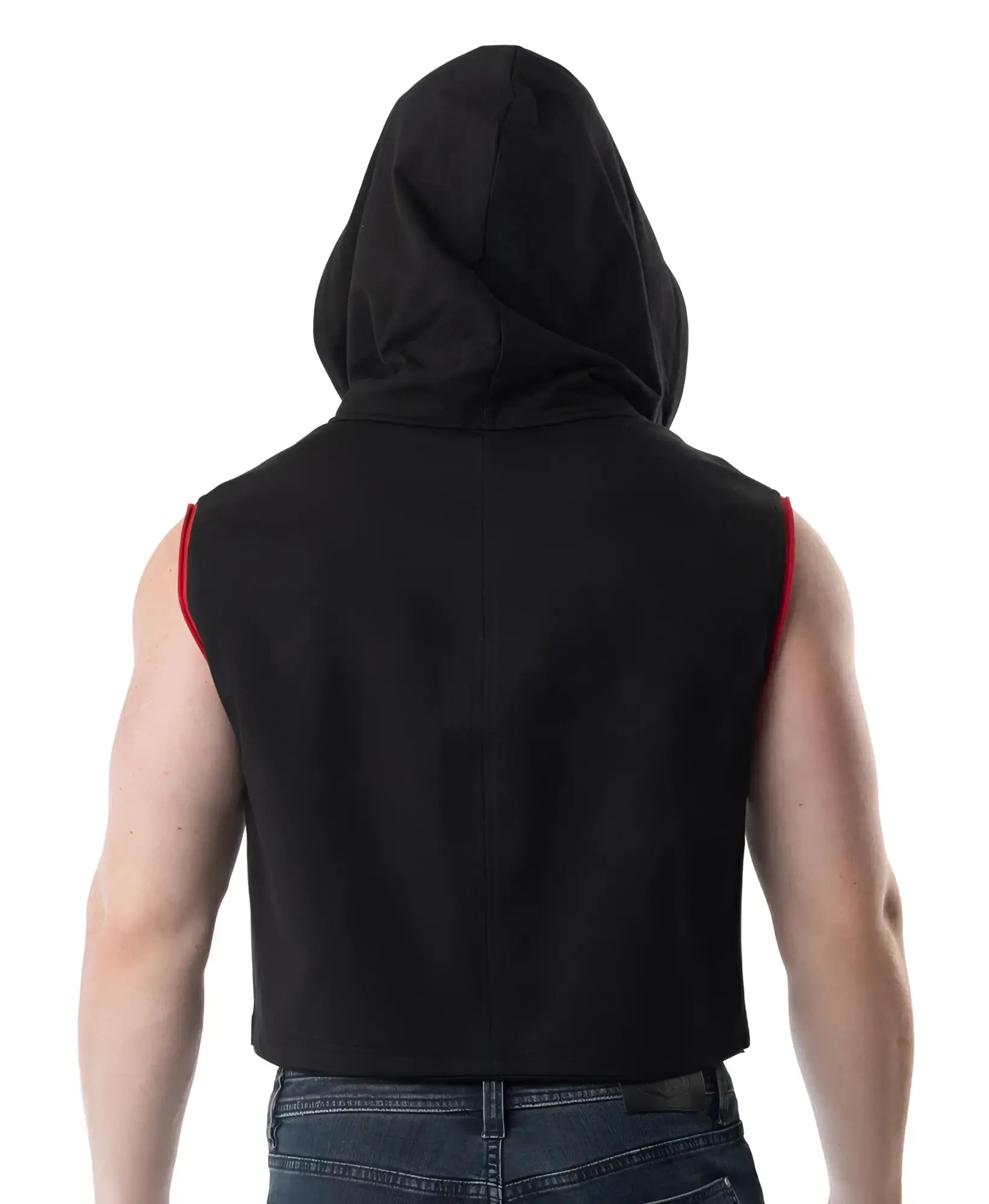 Black sleeveless hooded crop top with red trim along armholes from lift club for activewear and lifting sessions