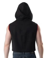 Black sleeveless hooded crop top with red trim along armholes from lift club for activewear and lifting sessions