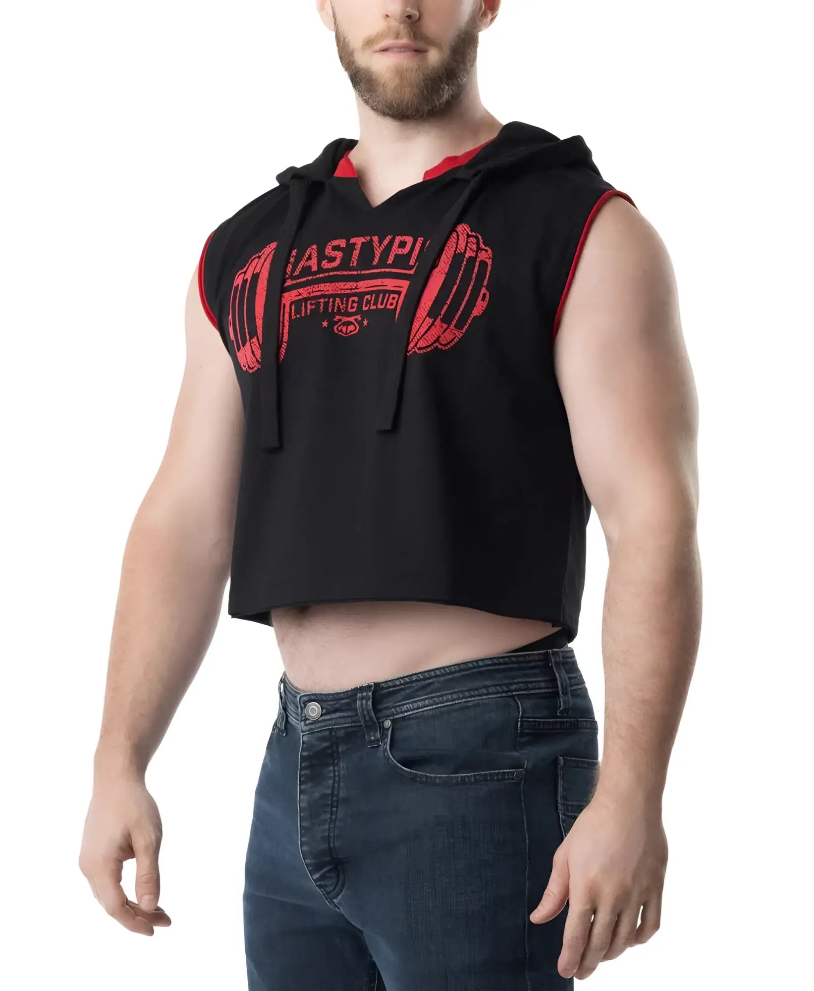 Black sleeveless hoodie lift club with red trim and barbell graphic on chest for gym and workout use