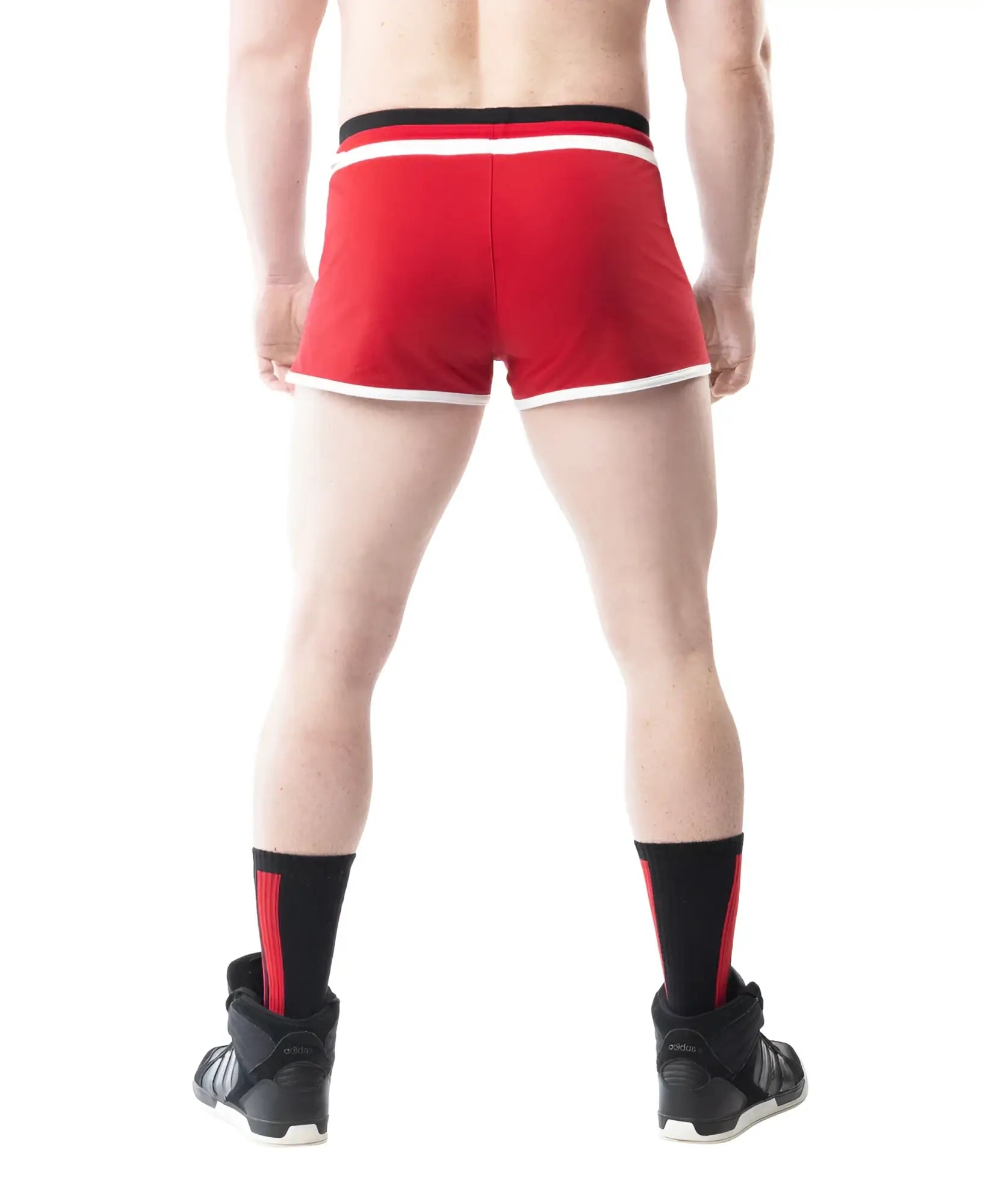 Lift Club trunk short red athletic shorts with white and black trim designed for active training and workouts