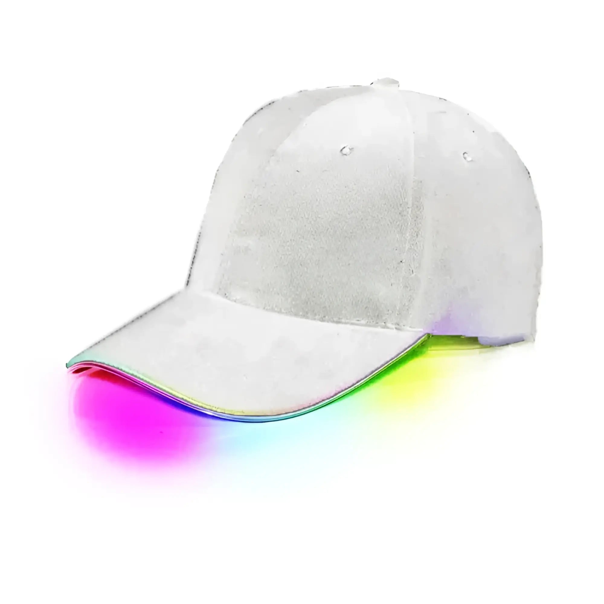 White baseball cap with glowing rainbow led trim along the brim illuminating the light up brim cap design