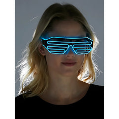 Blue neon-lit light up glasses with sleek angular design for futuristic style and night use