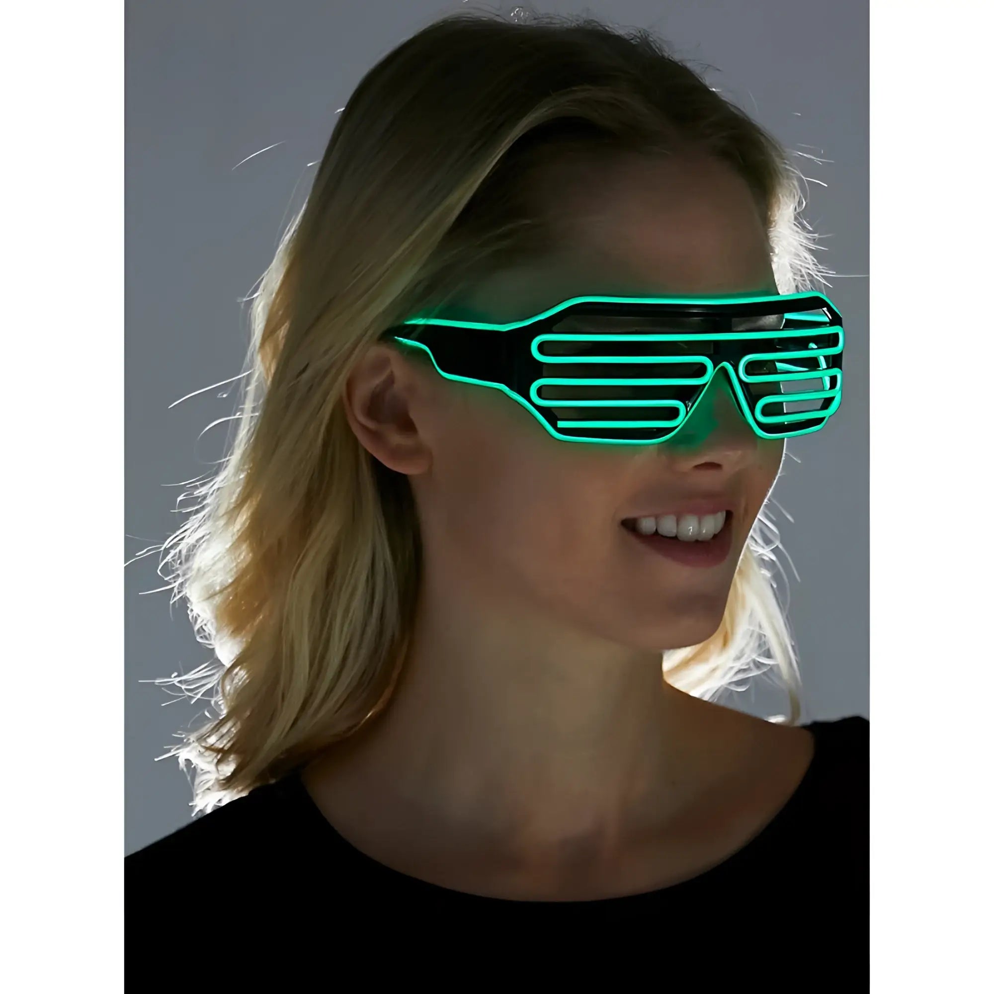 Light up glasses with green led light-up horizontal stripes and a black frame for nighttime wear