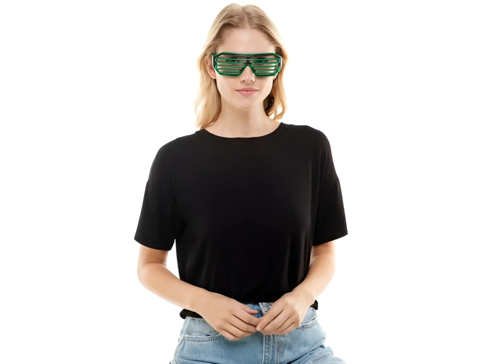 Green plastic light up glasses with horizontal slats and novelty design for party use