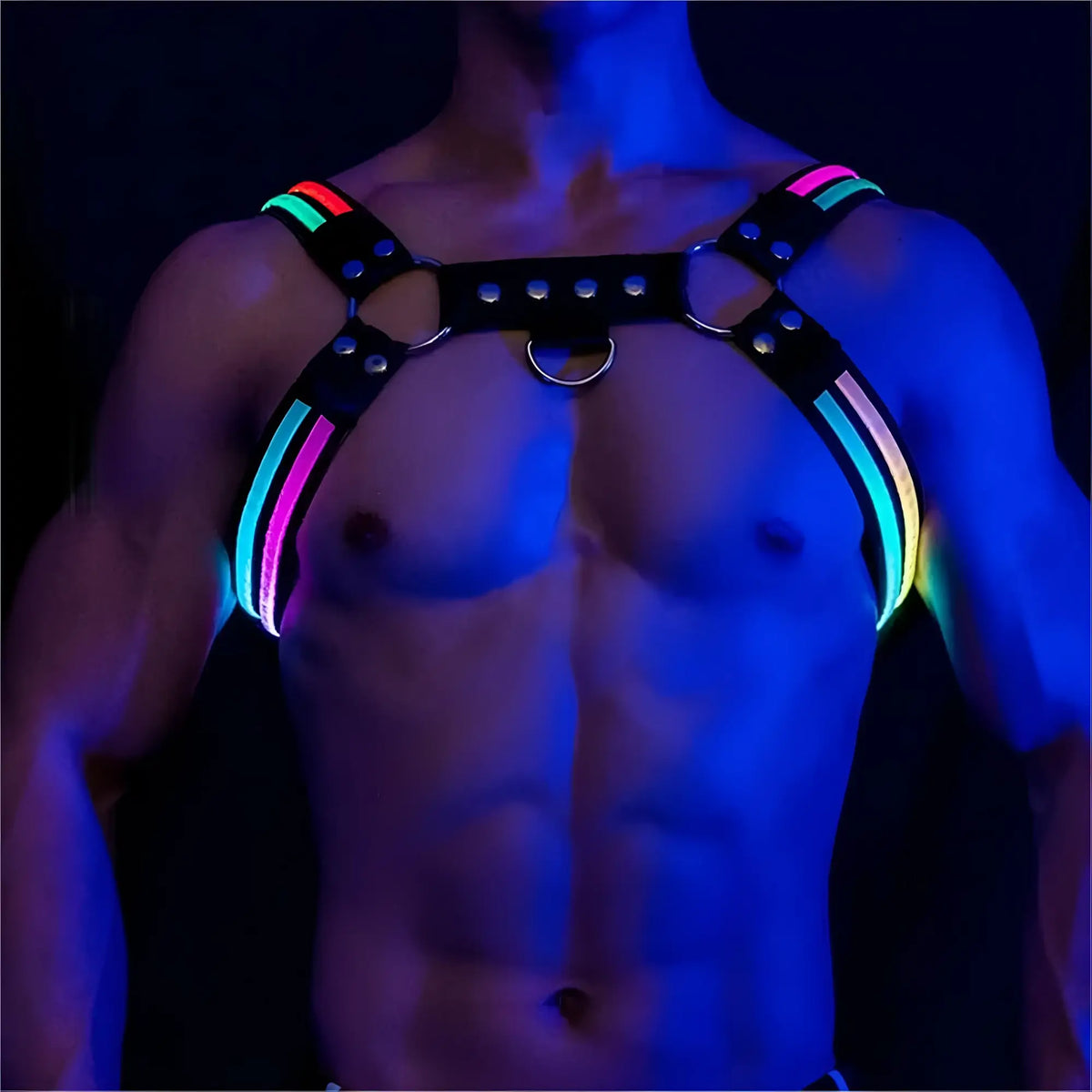 Black leather light-up glow harness with glowing rainbow LED strips and silver metal hardware front view