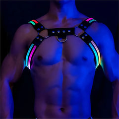 Black leather light-up glow harness with glowing rainbow LED strips and silver metal hardware front view