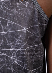 Black ribbed tank top with white marble crackle pattern and gray trim from lightning print tank collection
