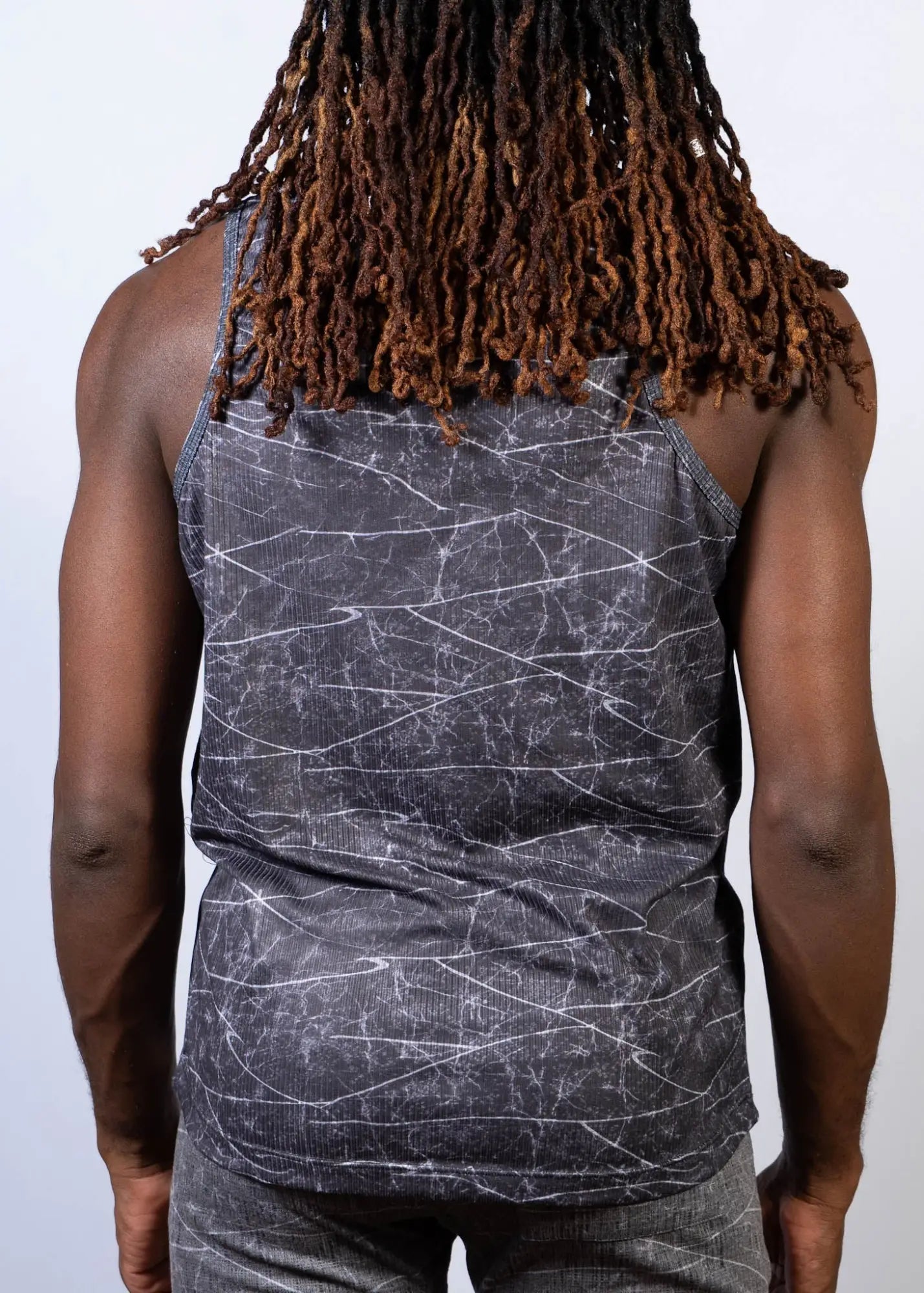 Black tank top with white crackle lightning print pattern perfect for casual summer wear