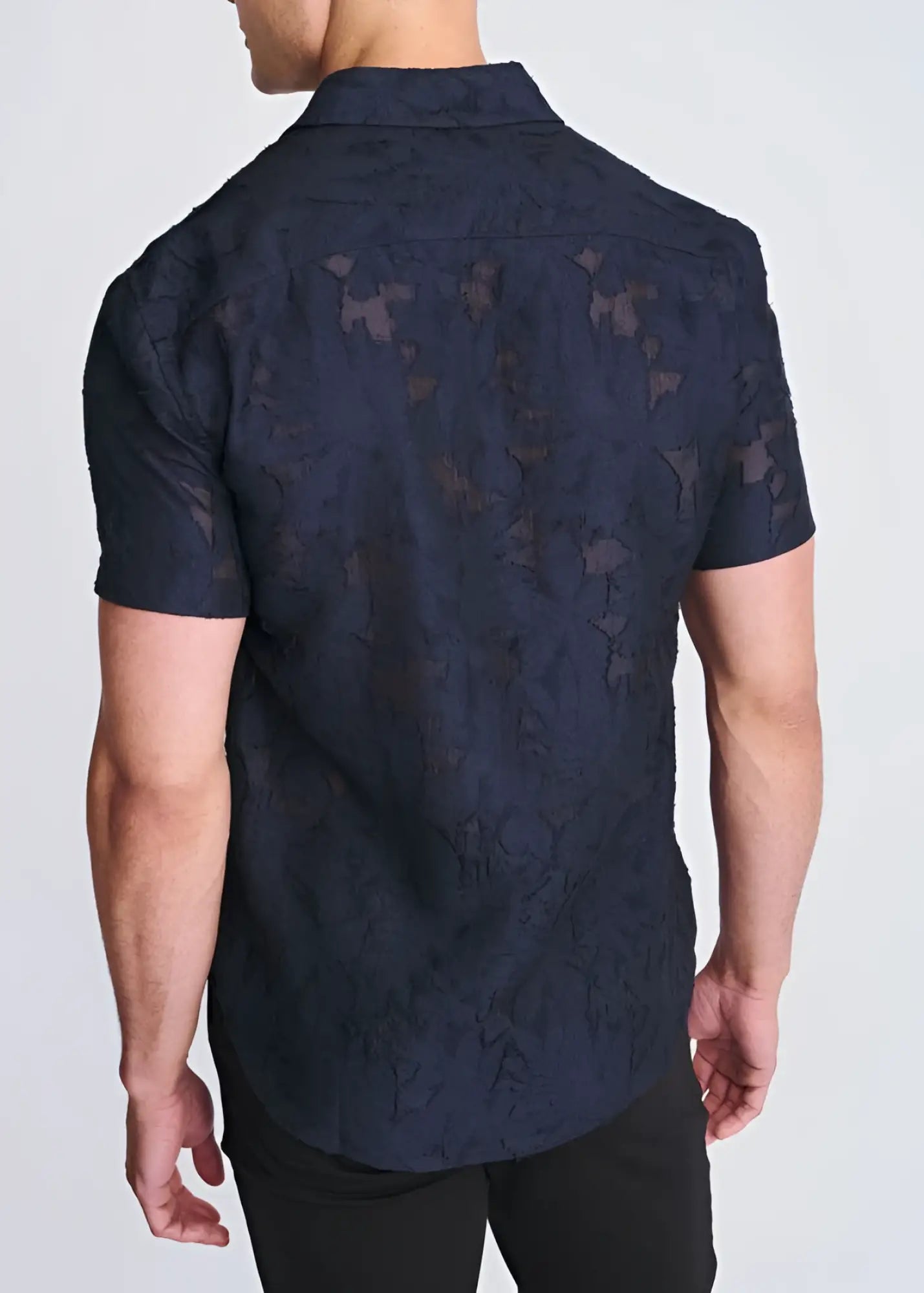 Dark navy lightweight jacquard short-sleeved shirt with a subtle textured pattern perfect for warm weather wear