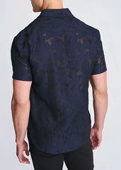 Dark navy lightweight jacquard short-sleeved shirt with a subtle textured pattern perfect for warm weather wear