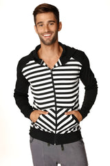 Limited edition form-fit crossover yoga zip-up fleece hoodie in black with white stripes and chevron pattern