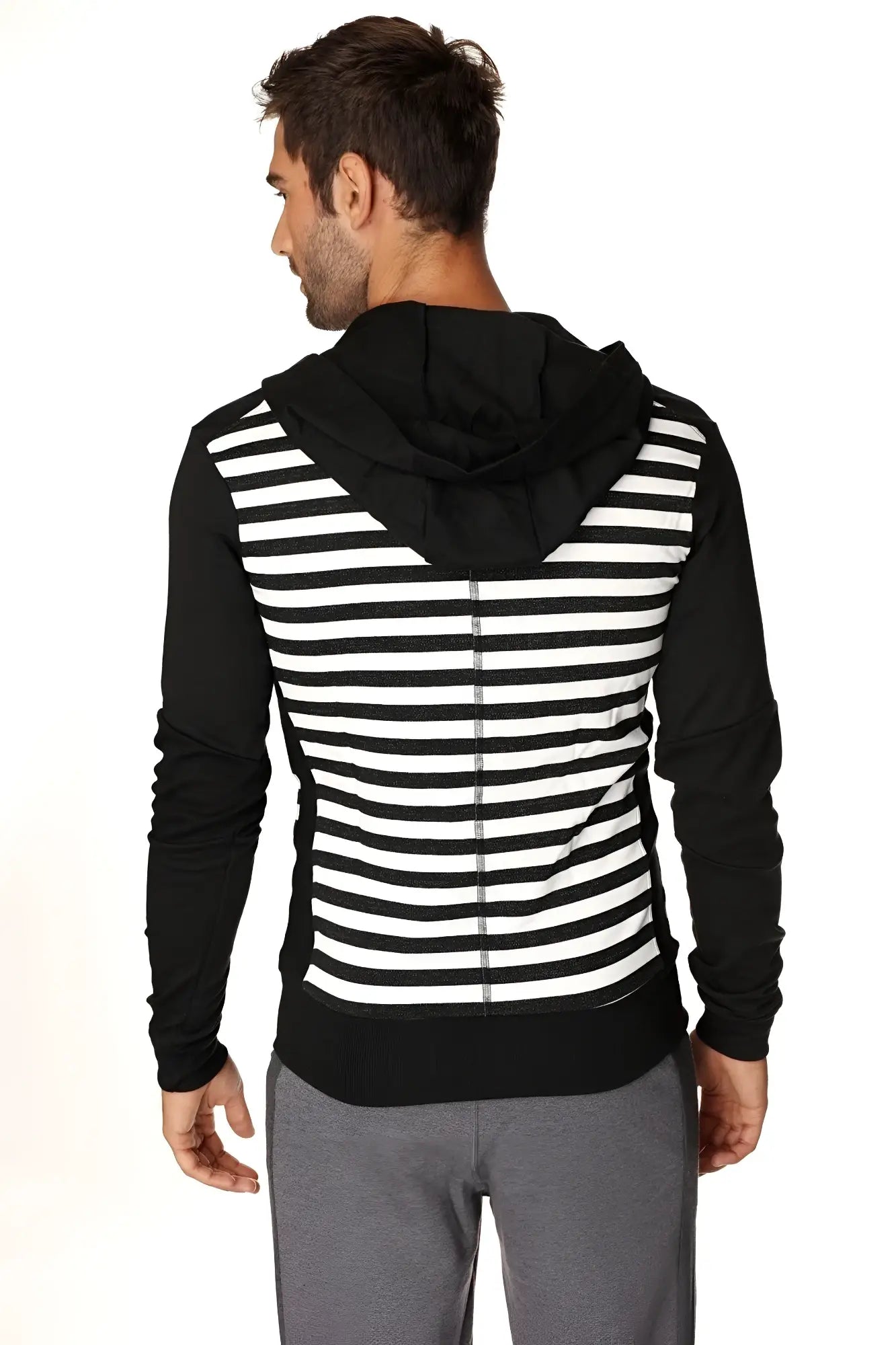 Limited edition form-fit crossover yoga track fleece hoodie in black with white stripes and solid black hood sleeves hem