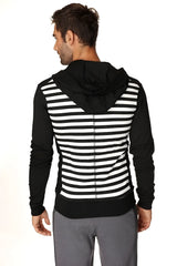 Limited edition form-fit crossover yoga track fleece hoodie in black with white stripes and solid black hood sleeves hem