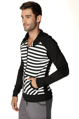 Limited edition form-fit crossover yoga track fleece hoodie in black with black sleeves, hood, hem, and white stripes
