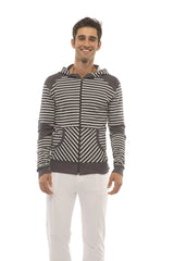 Limited edition form-fit crossover yoga track hoodie charcoal with black and white stripes and dark gray fleece panels