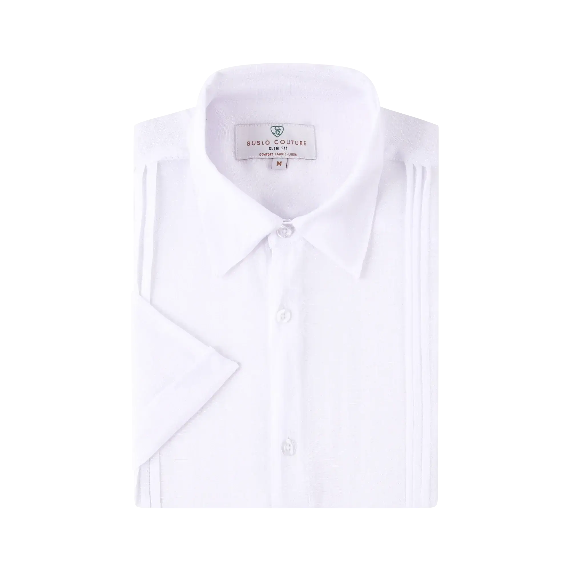 A crisp white linen air short-sleeved dress shirt with slim fit and subtle front pleats for a classic look