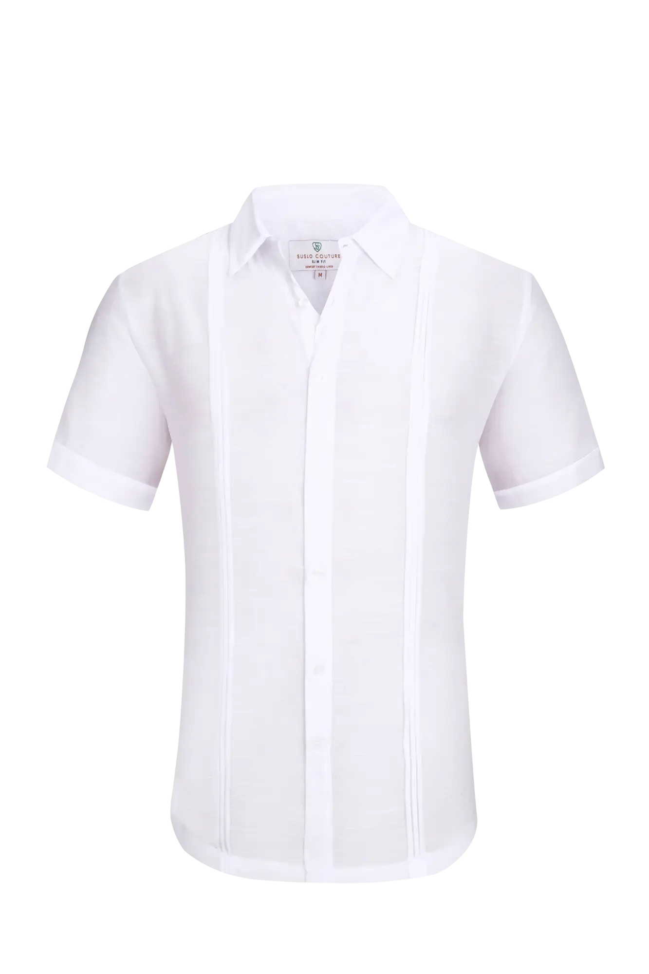 White linen air short sleeved men’s formal shirt with crisp collar and vertical pleats down the front