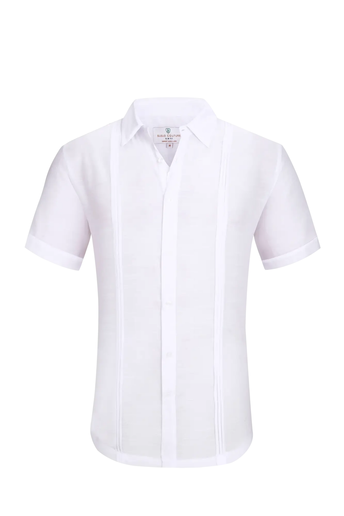 White linen air short sleeved men’s formal shirt with crisp collar and vertical pleats down the front