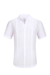 White linen air short sleeved men’s formal shirt with crisp collar and vertical pleats down the front