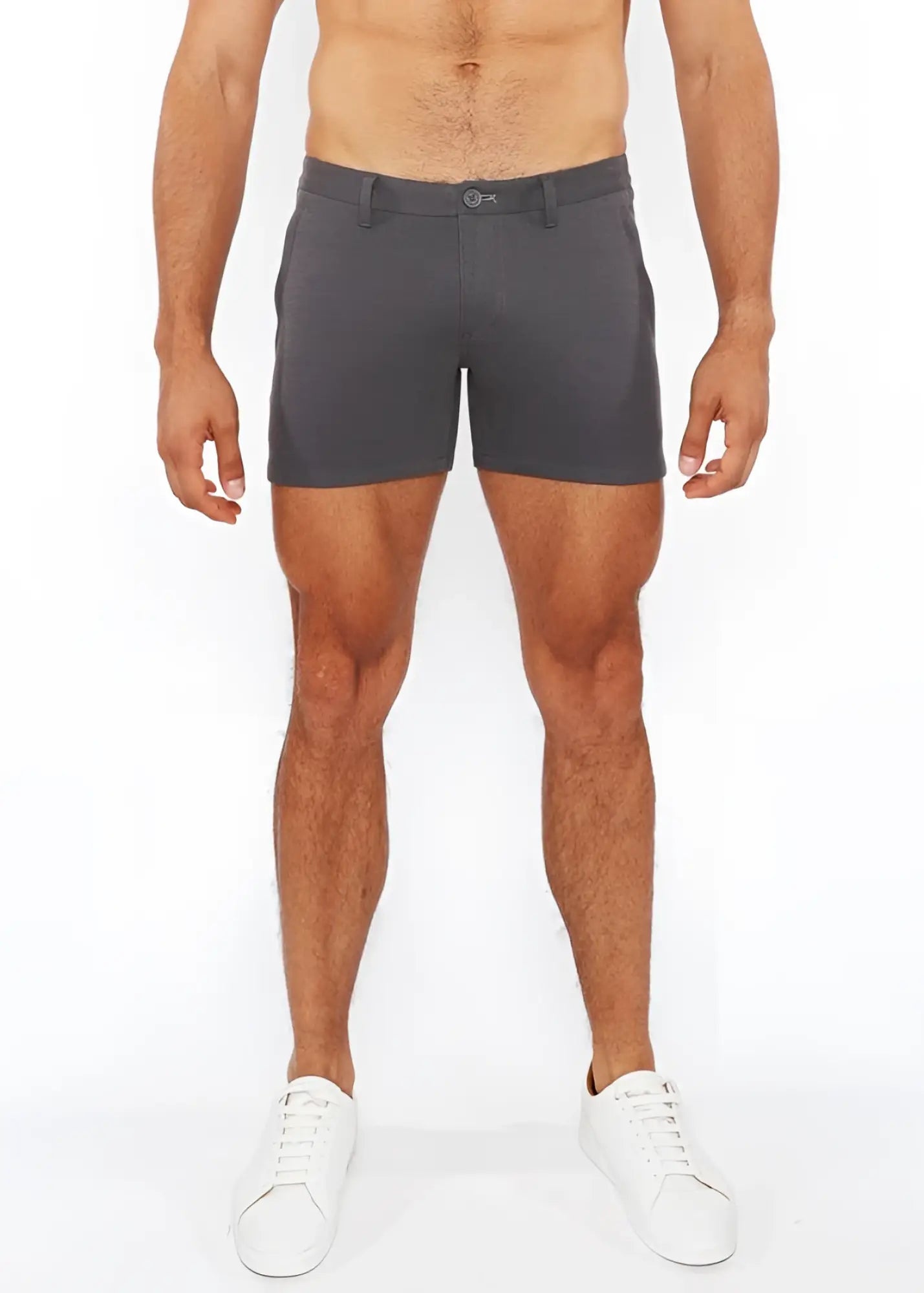 Dark gray linen-look textured chino shorts with classic fit belt loops and zip pockets front view