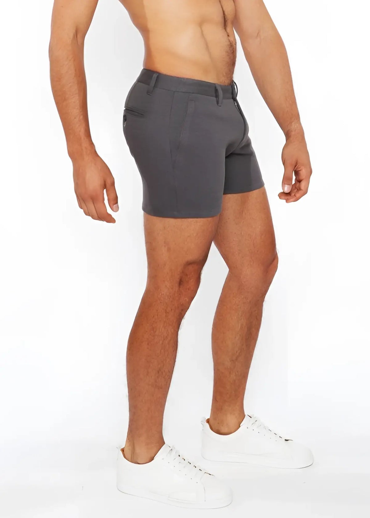 Dark gray linen-look textured tailored shorts with zip pockets and subtle stitching details for modern wear