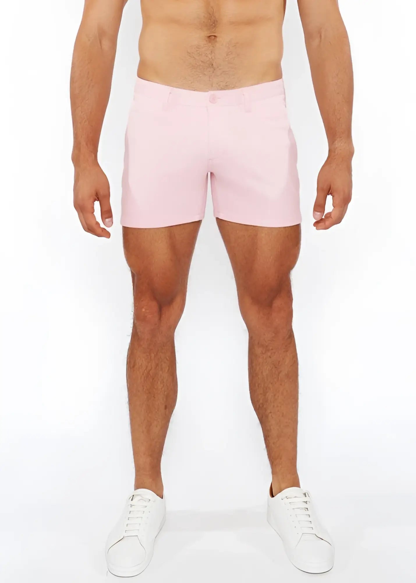 Pink linen-look textured men’s shorts with clean tailored fit and zip pockets featuring subtle stitching details