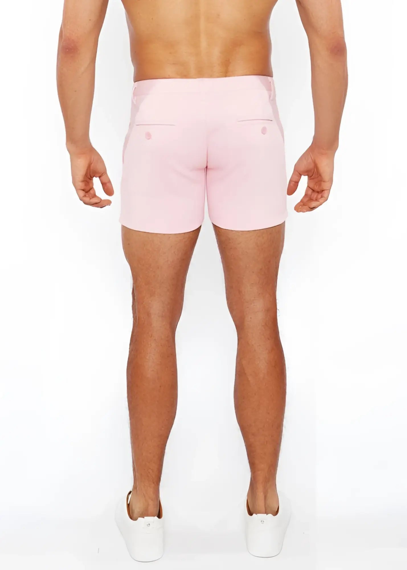 Pink linen-look textured men’s shorts with tailored fit and two back zip pockets shown from the back side