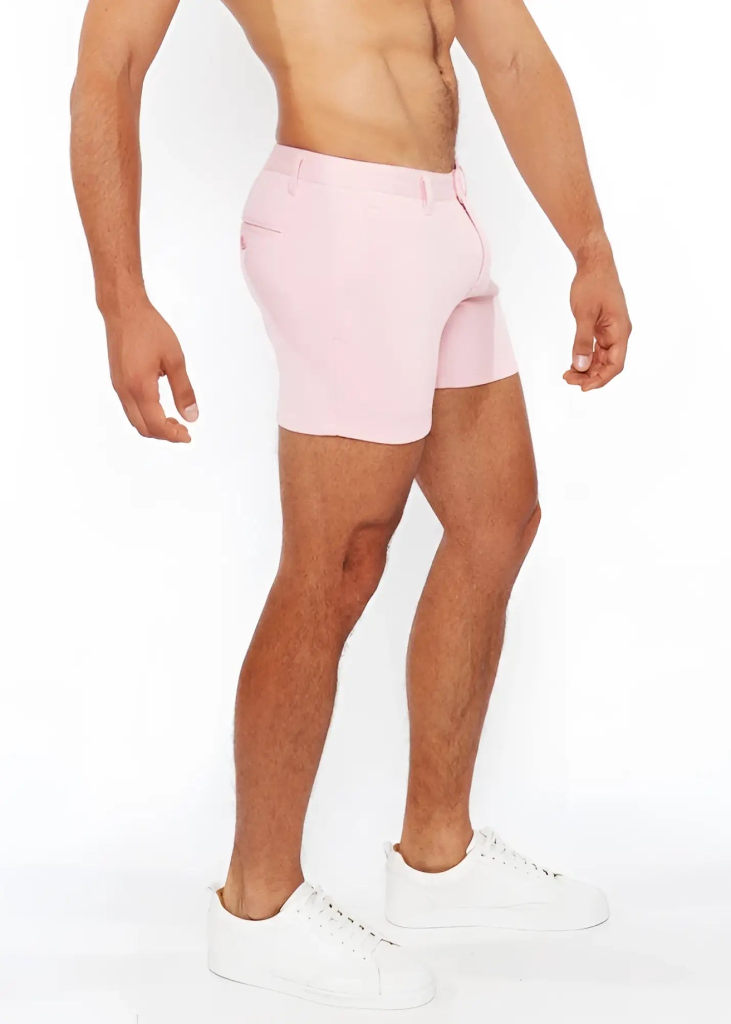 Pink linen-look textured tailored shorts with modern cut and subtle zip side pockets