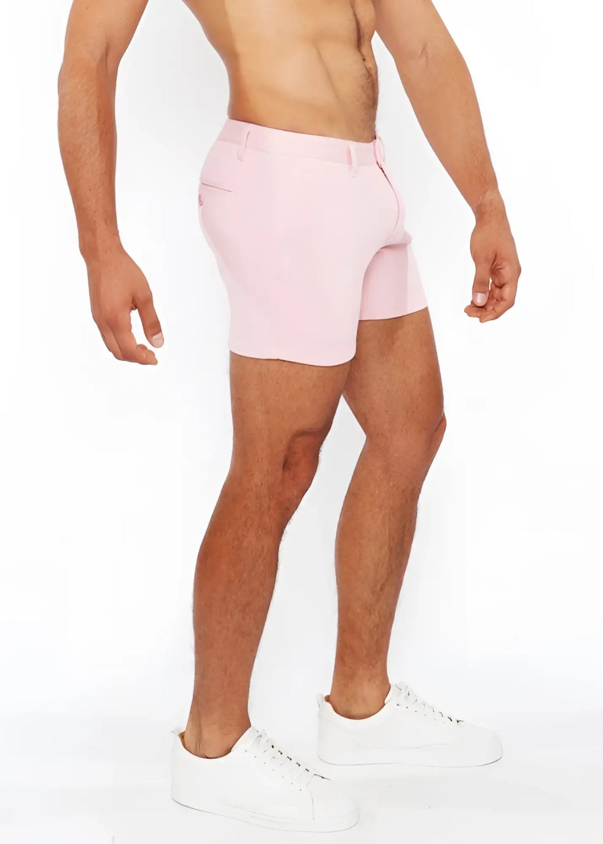 Pink linen-look textured tailored shorts with modern cut and subtle zip side pockets