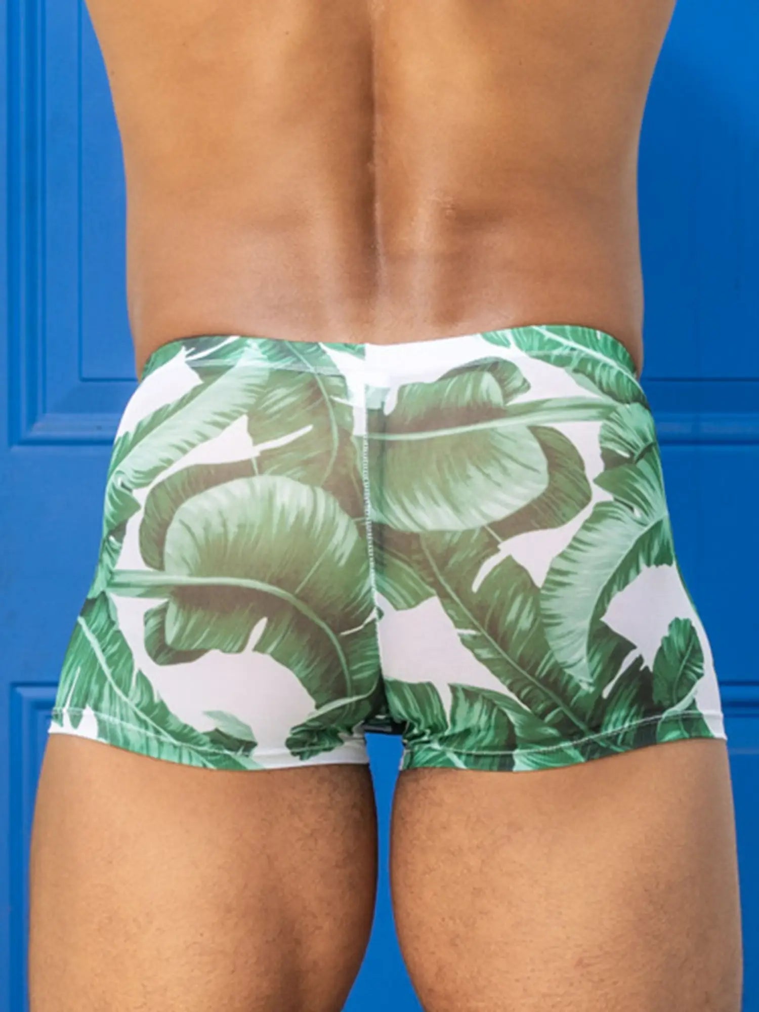 Little Boy Blue Design Chris Square Cut mesh swim trunks in green tropical banana leaf pattern on white background