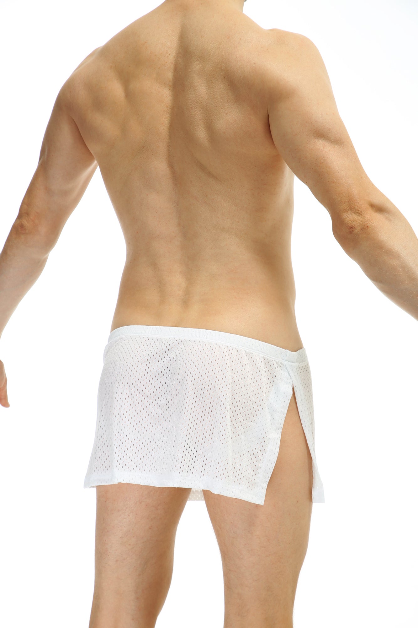 White mesh loincloth bee briefs with a side slit and elastic waistband featuring a jockstrap design