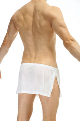 White mesh loincloth bee briefs with a side slit and elastic waistband featuring a jockstrap design