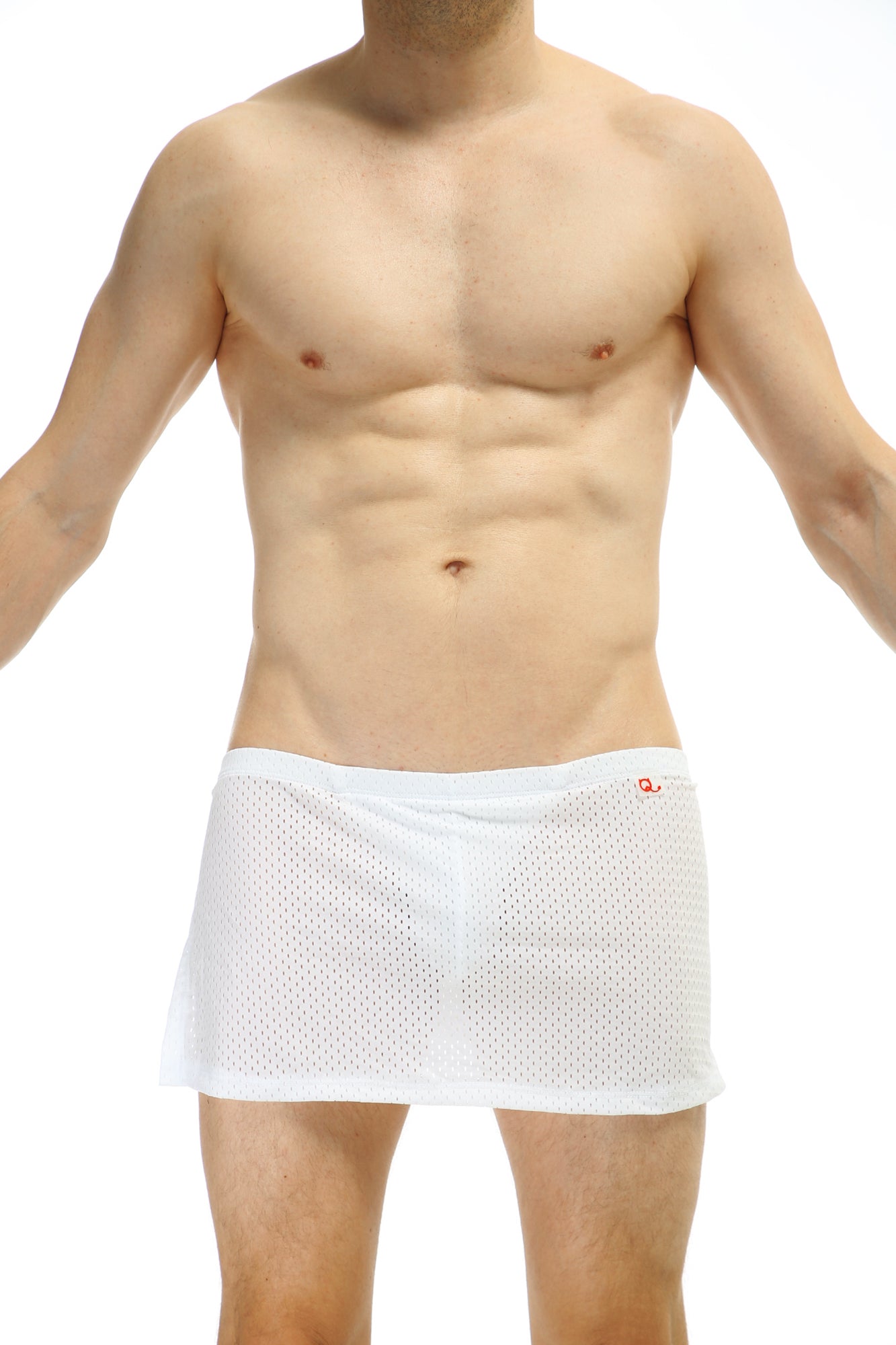 White mesh loincloth bee briefs with jockstrap featuring a subtle red logo on the waistband