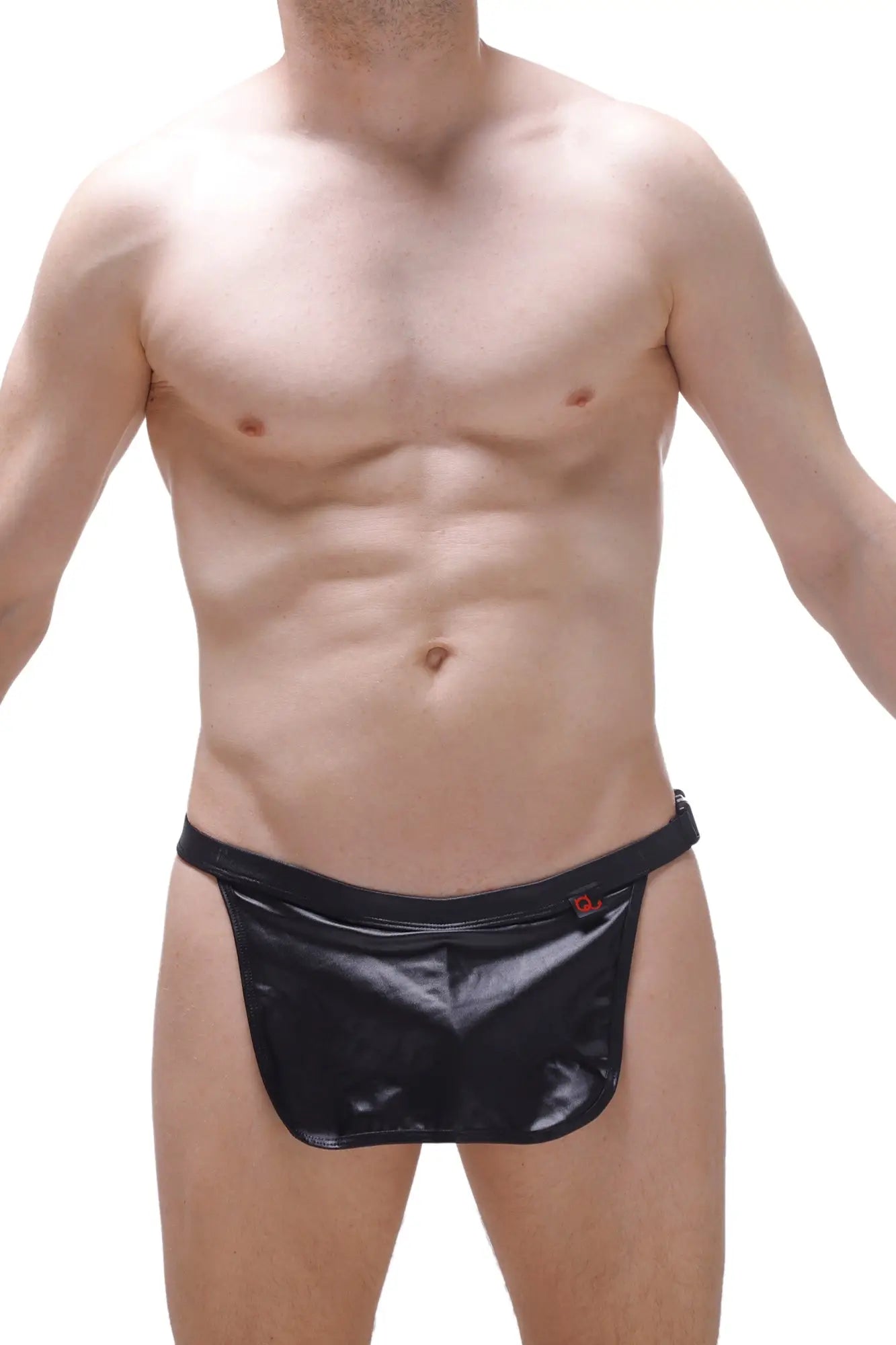 Black shiny latex briefs with a red logo waistband shown from the back in the loincloth wet black w g-string style