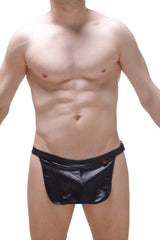 Black shiny latex briefs with a red logo waistband shown from the back in the loincloth wet black w g-string style