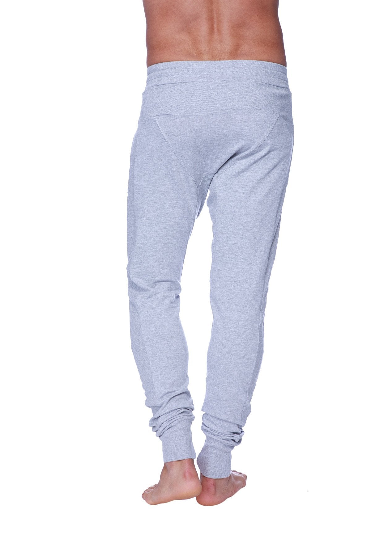 Light gray heathered long cuffed jogger and yoga sweat pants with relaxed fit and cuffed ankles