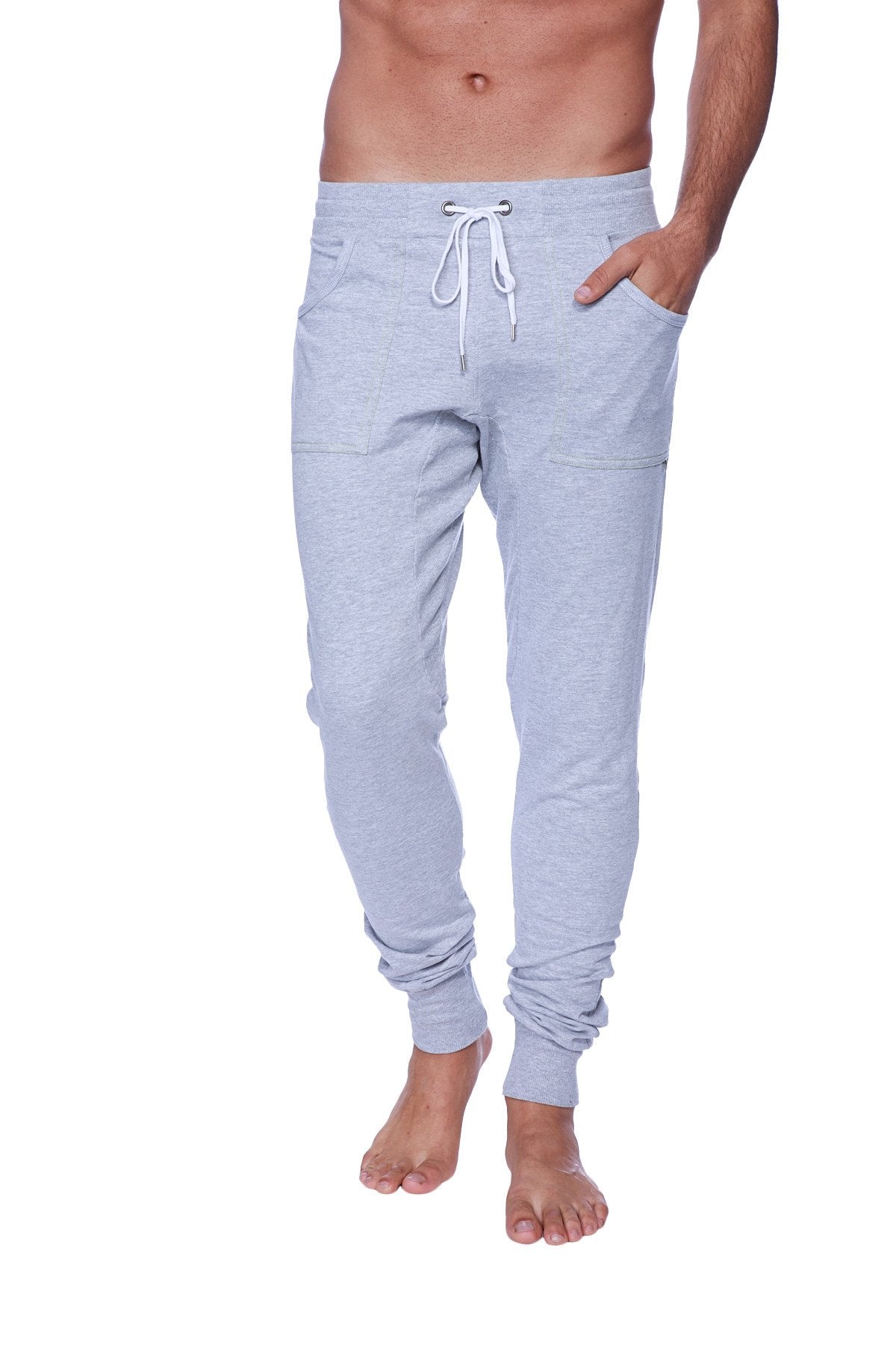 Long cuffed jogger and yoga sweat pants in light gray heather with white drawstring waistband and side pockets
