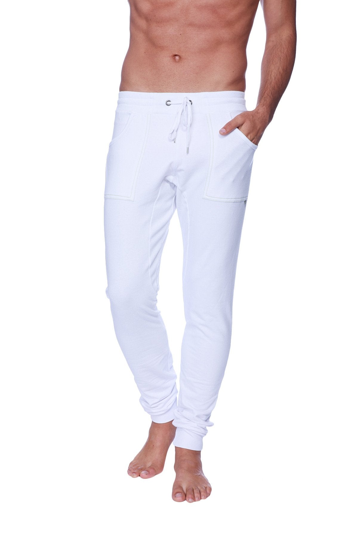 White cotton long cuffed jogger and yoga sweat pants with drawstring waist and elastic cuffs for comfort