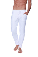 White cotton long cuffed jogger and yoga sweat pants with drawstring waist and elastic cuffs for comfort