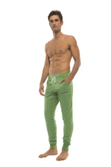 Green bamboo long cuffed jogger and yoga sweat pants with white drawstring waistband and side pockets