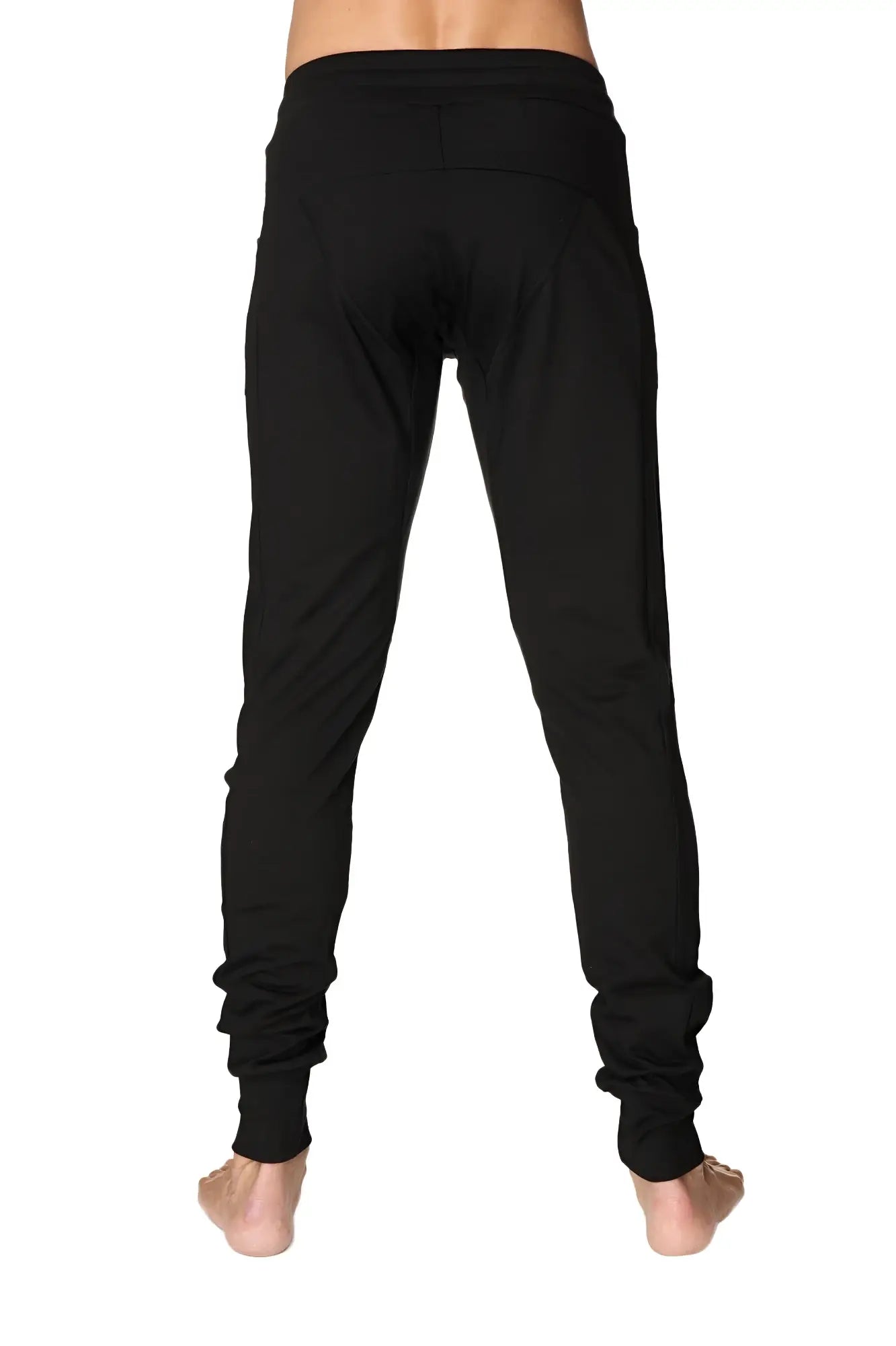 Black slim-fit long cuffed jogger and yoga sweat pants with elastic cuffs and comfortable waistband