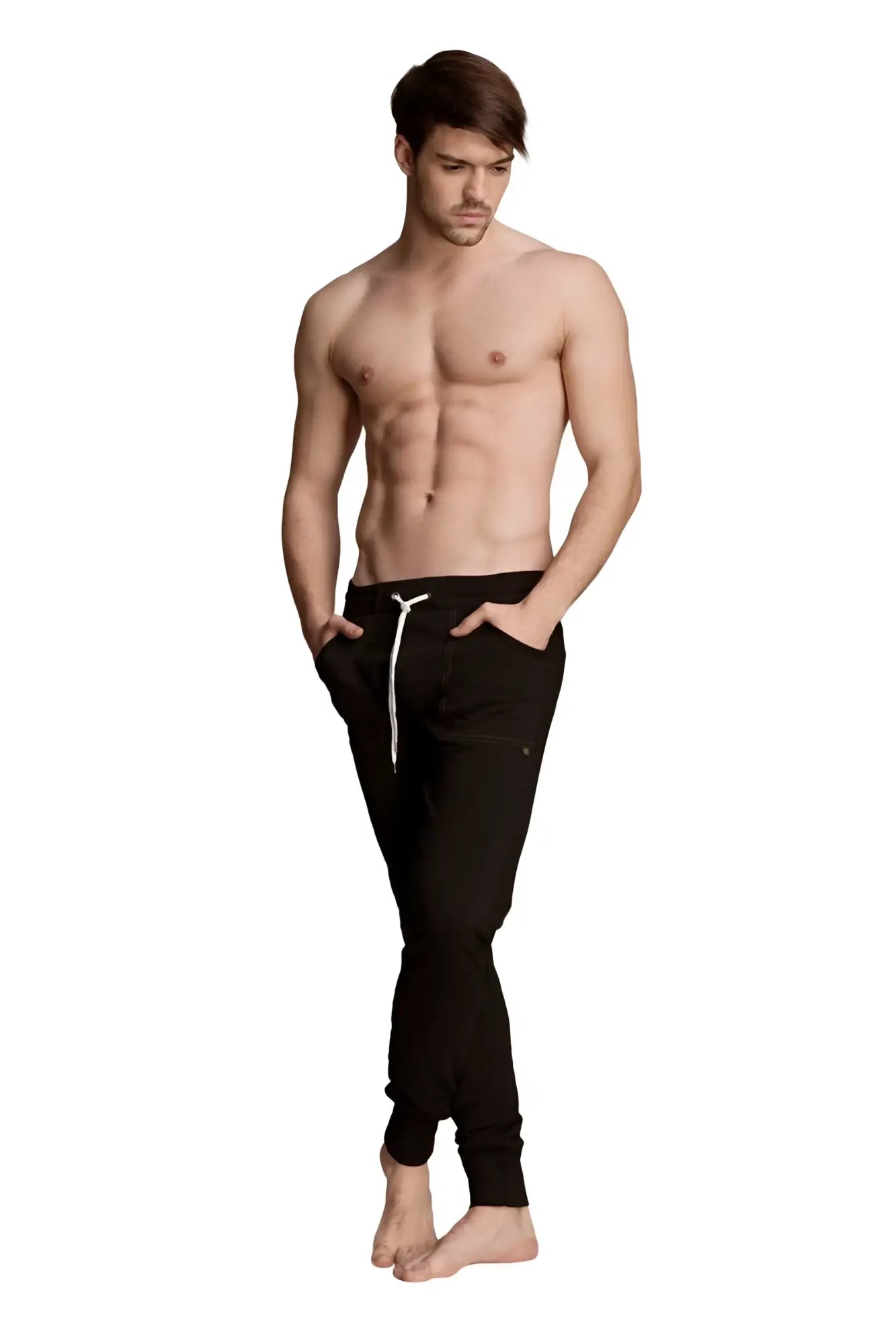 Black long cuffed jogger and yoga sweat pants featuring white drawstring and subtle side pockets for comfort