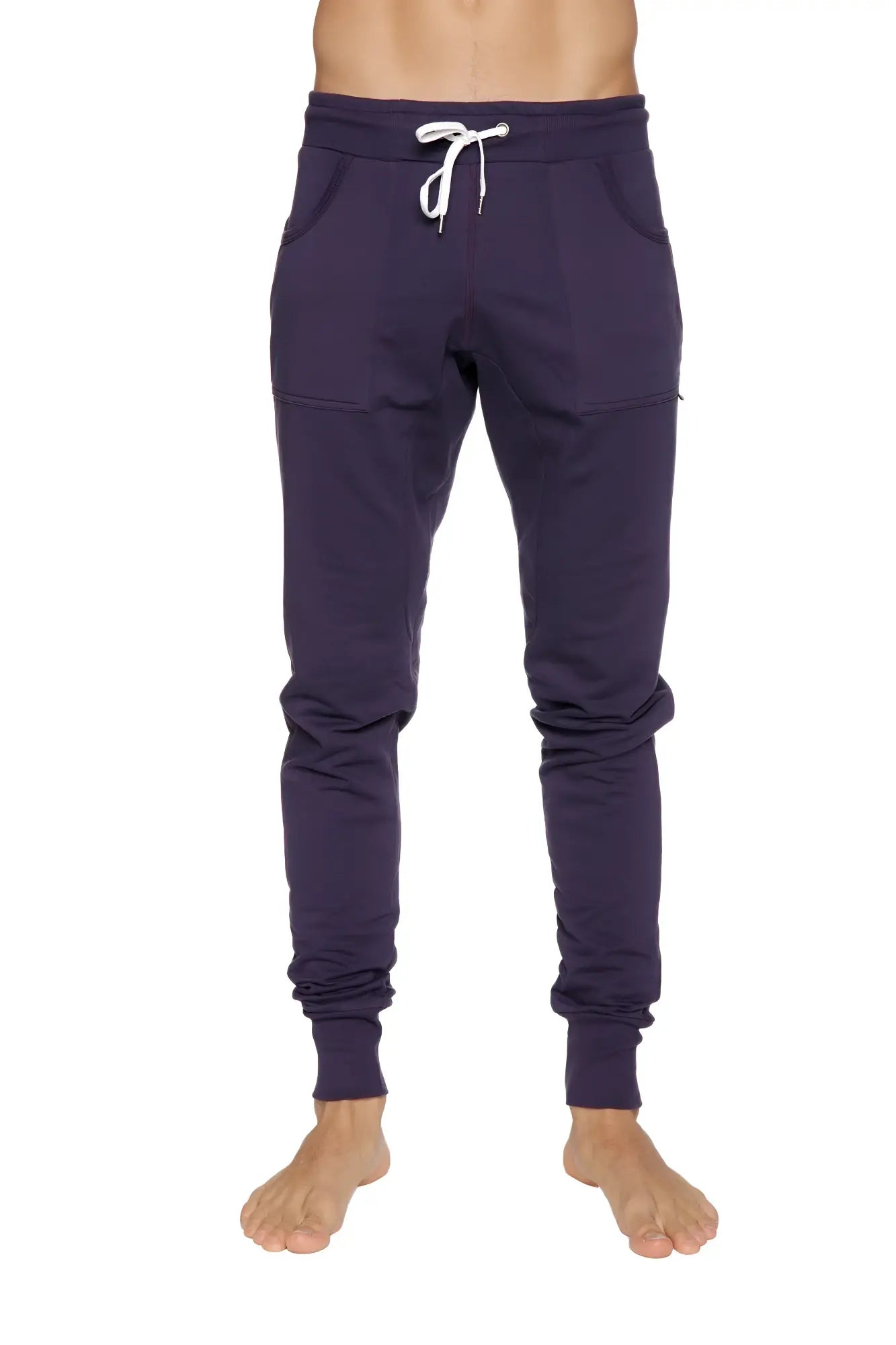 Navy blue long cuffed jogger and yoga sweat pants with white drawstring waistband and elastic cuffs