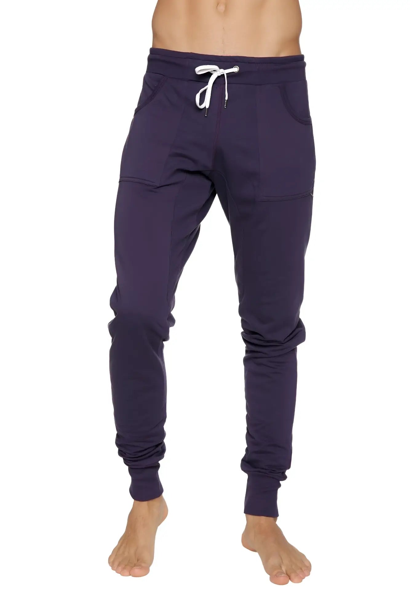 Long cuffed jogger and yoga sweat pants in navy blue with white drawstring and side pockets for comfortable wear