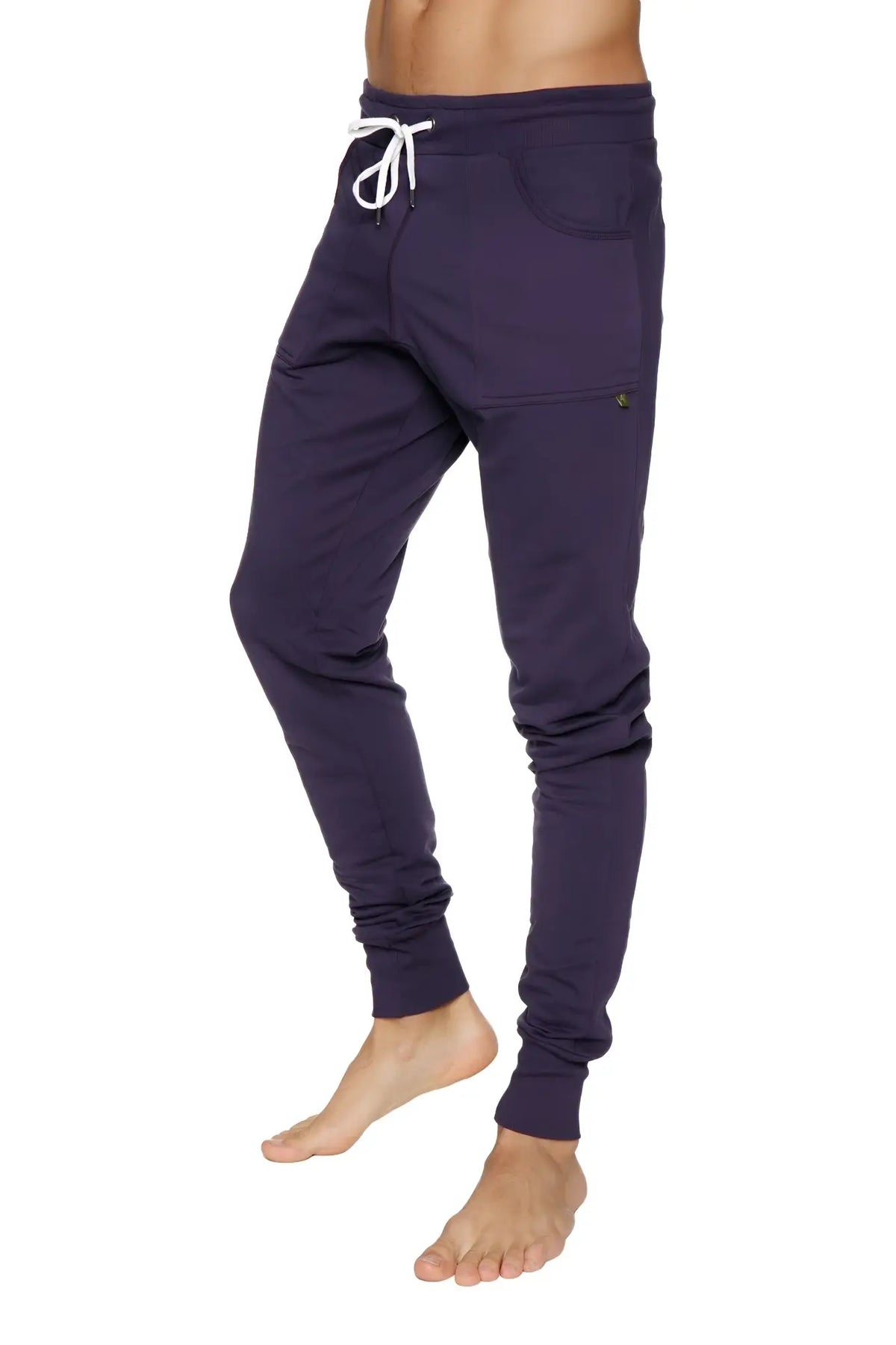 Navy blue long cuffed jogger sweatpants with white drawstring and side pockets perfect for yoga and casual wear