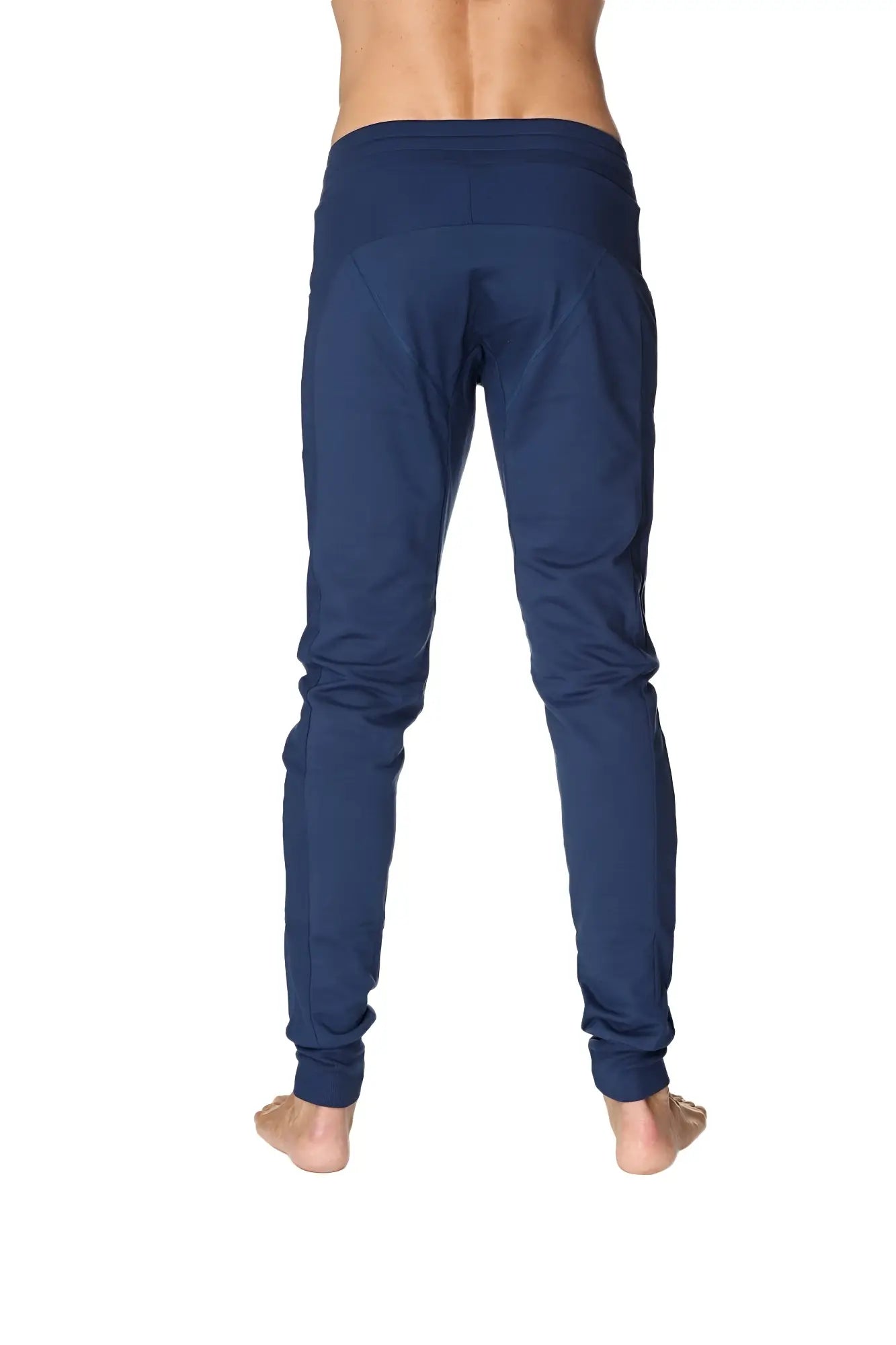 Navy blue stretchy long cuffed jogger and yoga sweat pants with elastic cuffs and comfortable waistband